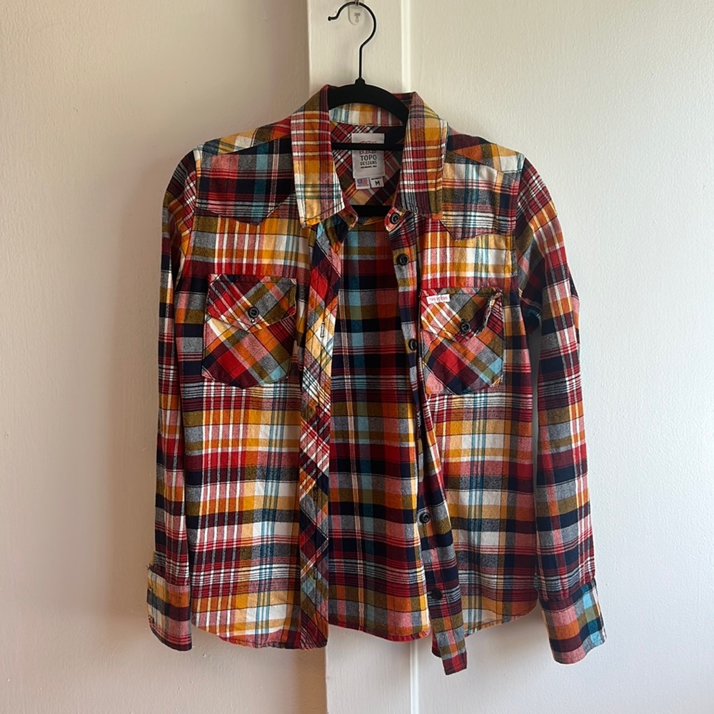 Topo Designs Multicolor Plaid Button-Down Shirt Jacket - Red, Yellow, Blue